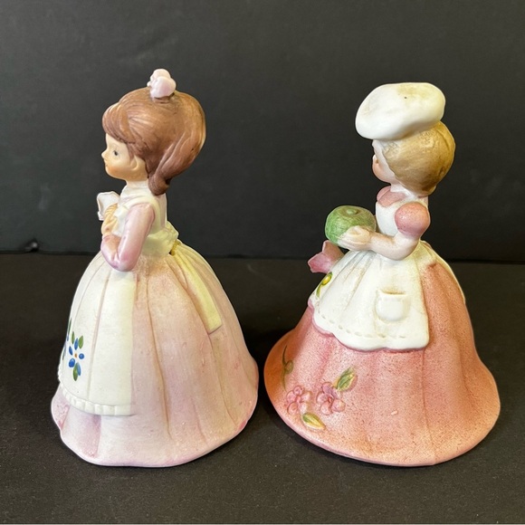 Lefton? Porcelain Bell Set Girl White Apron Baker Pink Roses Chef Garden Lot 2x - Picture 4 of 11